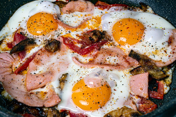 fried eggs with sausage and vegetables with sharp seasonings and spices. bachelor's breakfast