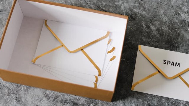 inbox organisation and clean-up, group of envelopes inside box metaphor of email inbox and one marked spam outside of it and camera panning