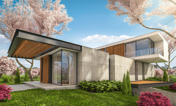 3d Rendering Of Modern Cozy House On The Hill With Garage And Pool For Sale Or Rent. Fresh Spring Day With A Blooming Trees With Flowers Of Sakura On Background.