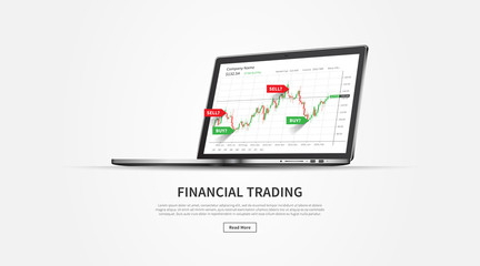 Stock trade promo page with laptop vector illustration. Web banner template for trading companies graphic design. Financial chart buy and sell signals for stock exchange market concept.
