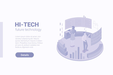 Isometric Flat 3D People working with statistics Big Data in Holographic HUD interface vector Hi-tech future technology concept.