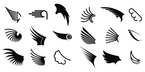 Set Black Line Flat Collection Wings Vector Icon Feather Design Style Decoration Sketch Cartoon