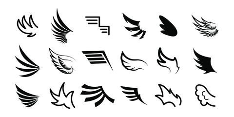 Obraz premium Set Black Line Flat Collection Wings Vector Icon Feather Design Style Decoration Sketch Cartoon