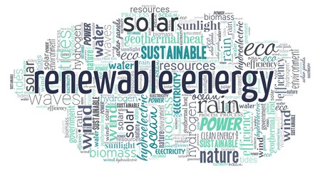 Fototapeta premium Renewable energy word cloud isolated on a white background.