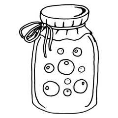 Raspberry jam with berries. Vector jar of home made raspberry jam with checked fabric and decorative rope. Jar of jam from a blackberry and raspberry.