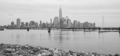 Freedom Tower with World Trade Center highrises with skyline and skyscrapers of downtown or Lower...