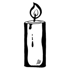 Candle. Vector of a festive candle. Hand drawn christmas lighted candle.