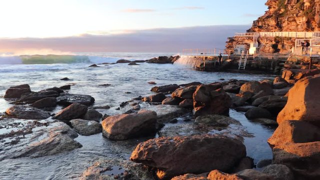 Wide panorama of Bronte beach in Sydney from rock pool to waves – 4k.
