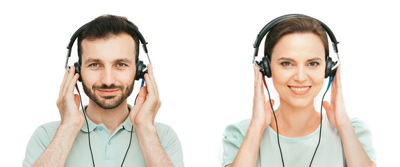 Hearing test, audiometry. Man and woman wearing headphones getting hearing diagnostic, isolated on...