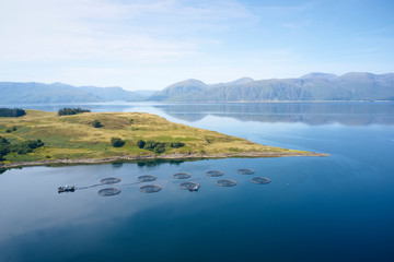 Fish farm salmon round nets in natural environment Loch Etive in Arygll and Bute Scotland