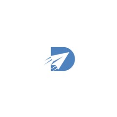 D Deliver Logo. Blue letter D with paper plane in negative space combination.