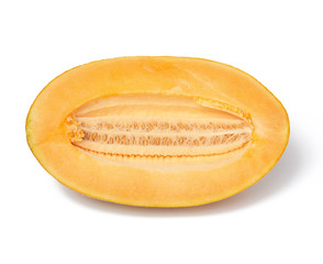 piece of ripe melon with seeds, orange pulp, fruit isolated on white background