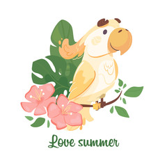 vector australian cockatoo sitting on a branch with flowers. Funny bright parrot on a card. Cute bird character, illustration in flat style. Isolated background.