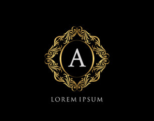 Luxury Badge A Letter Logo. Luxury gold calligraphic vintage emblem with beautiful classy floral ornament. Elegant Frame design Vector illustration.