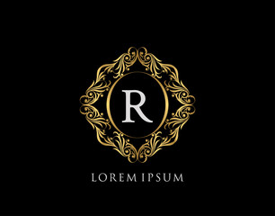 Luxury Badge R Letter Logo. Luxury gold calligraphic vintage emblem with beautiful classy floral ornament. Elegant Frame design Vector illustration.