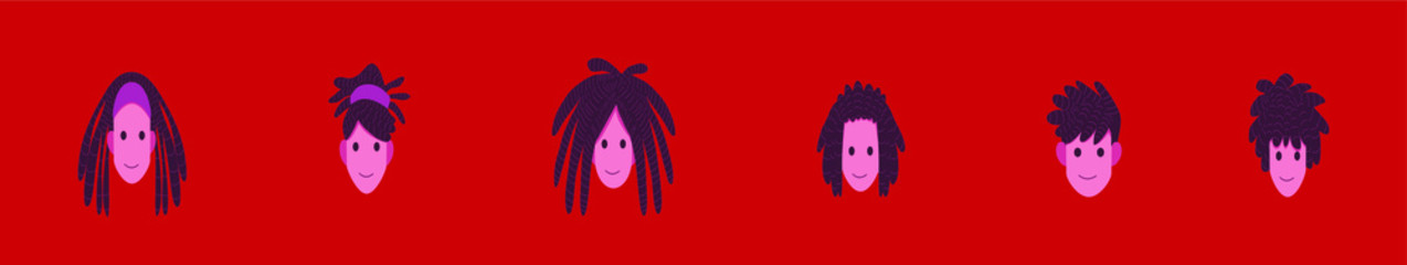 set of cartoon head with afro hairstyles design template. isolated vector illustration on red