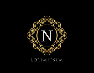 Luxury Badge N Letter Logo. Luxury gold calligraphic vintage emblem with beautiful classy floral ornament. Elegant Frame design Vector illustration.