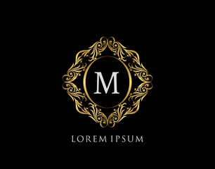 Luxury Badge M Letter Logo. Luxury gold calligraphic vintage emblem with beautiful classy floral ornament. Elegant Frame design Vector illustration.