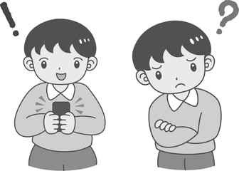 スマートフォンで理解した男の子・腕を組んで疑問を持つ男の子のセット 白黒