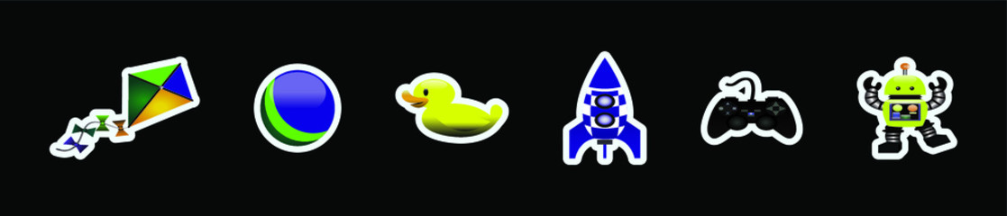 set of kid toys. duck, rocket, ball, robot, kite, game stick and more vector on black background