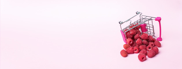 Fresh ripe raspberries in supermarket trolley panoramic collage, healthy eating concept, food...