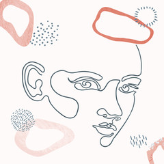 Vector outline illustration of woman on abstract background with blob shapes. One line drawing. Greeting card, poster, banner, social media post, fashion print, invitation, brochure