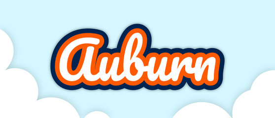 "Auburn", big bold stroke text in football colours, floating in sky with clouds. Editable, Removable background. Vector Illustration.