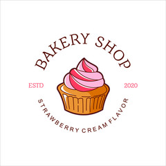 cartoon cupcake cream bakery logo badge template. organic bread shop vector and label design inspiration