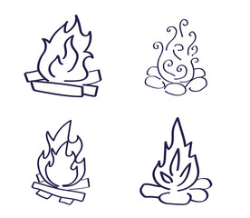 Burning bonfire on a white background. Linear silhouette. Vector illustration.