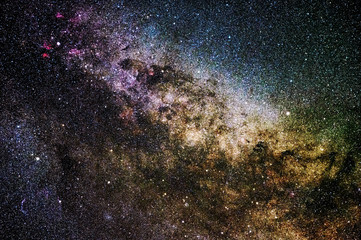 Colorful dust and gas clouds in the Milky Way on a summer sky
