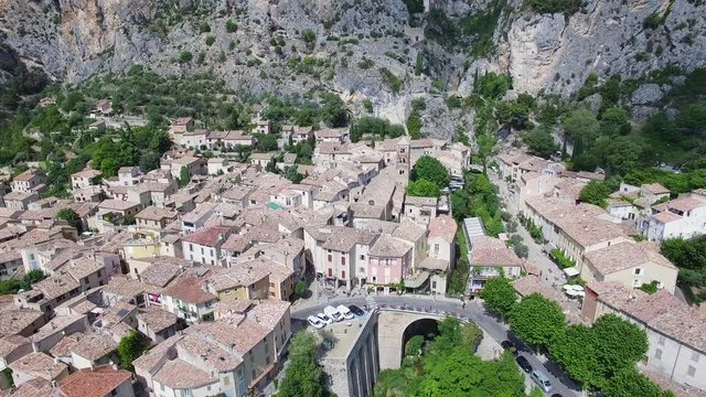 France, Alpes-de-haute-provence,  Aerial view of Moustiers-Sainte-Marie labelled Les Plus Beaux Villages de France (The Most Beautiful Villages of France)