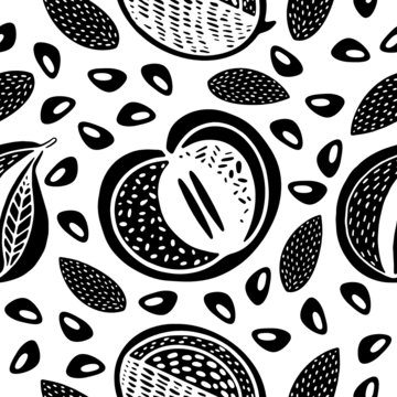 Seamless stamp pattern with fruits - apple, pear, mango and almond on white background. Great for fabric, textile, wrapping paper. 