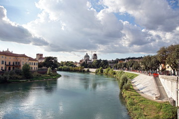Italy, Verona, view of the old city center from the Ponte Pietra bridge on the Adige river