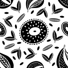 Seamless stamp pattern with fruits -
 mango, pear kiwi and foliage on white background. Great for fabric, textile, wrapping paper.