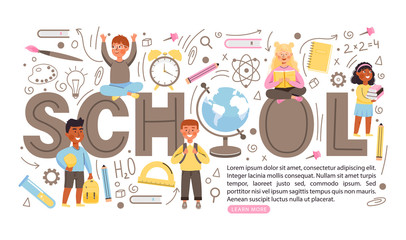 Back to school concept banner with copy space. Young children characters with books and backpacks. Various school supplies and creative lettering. Vector illustration.