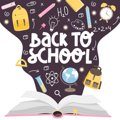 School time or back to school banner design. Open huge book with various school supplies. Books, backpack, stationery, globe etc. Vector template.