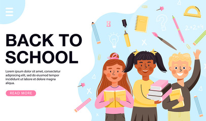 School time or back to school banner template. Young children characters with books. Composition with notebook, marker, brush etc. Vector web page banner illustration.