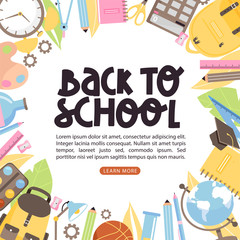 School time or back to school banner illustration. Creative lettering with books, backpack, stationery, globe, alarm clock etc. Vector composition with copy space.