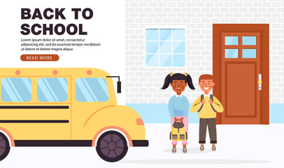 Back to school concept banner with copy space. Elementary school student with backpacks. Happy children go to school by bus. Vector illustration.