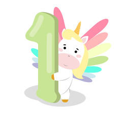 1 Birthday party invitation with baby unicorn. Vector