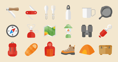 Camping and Outdoor Gear Icon Set (Simple flat vector for illustrations or graphics)