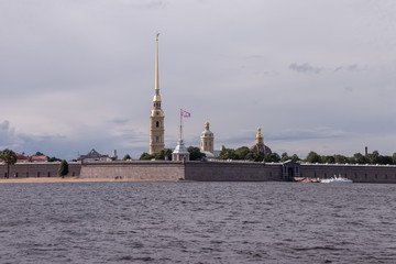 View of Peter and Paul fortress and Neva river at day. Unique urban landscape of center of Saint Petersburg. Central historical sights city. Top tourist places in Russia. Capital Russian Empire