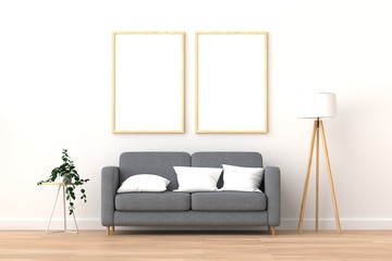 Mockup empty photo frame in living room. 3D rendering.