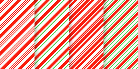 Naklejka premium Candy cane seamless pattern. Christmas striped background. Vector. Red green peppermint wrapping texture. Xmas holiday diagonal stripes. Set of cute caramel package prints. Geometric illustration.