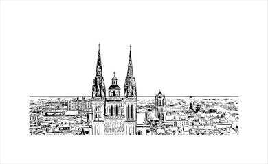 Building view with landmark of Angers is a city in western France beside the Maine river at the edge of the Loire Valley. Hand drawn sketch illustration in vector. - obrazy, fototapety, plakaty