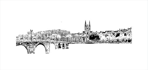 Building view with landmark of Angers is a city in western France beside the Maine river at the edge of the Loire Valley. Hand drawn sketch illustration in vector.