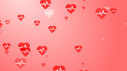 Medical heart beat pulse flat white on red hearts pattern background. Abstract healthcare for World Blood Donor Day.