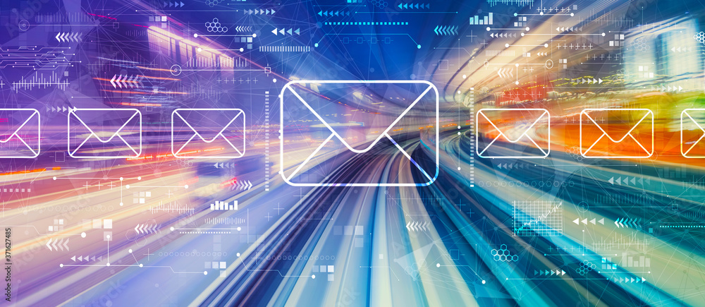 Sticker email concept with abstract high speed technology pov motion blur
