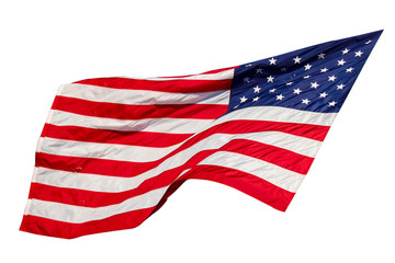 The USA flag wave from fabric on white background have path