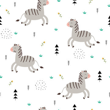 Vector seamless  pattern Cartoon animal background with zebra and flowers